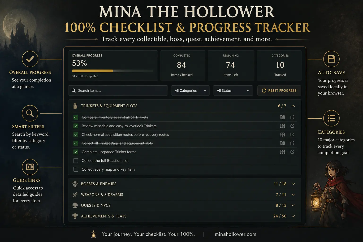 Mina the Hollower 100% checklist and progress tracker preview